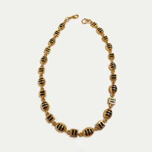 Gold Tone & Black Enamel Oval & Square Design Necklace